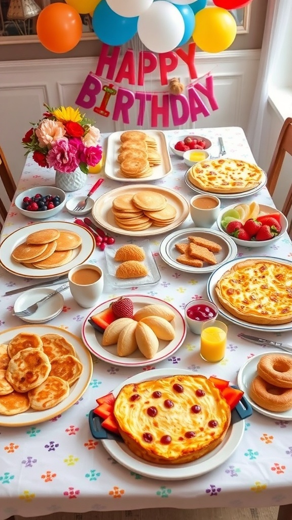 70 Creative Birthday Brunch Ideas A vibrant birthday brunch table with pancakes, quiche, fruit, and pastries, decorated with balloons and flowers.